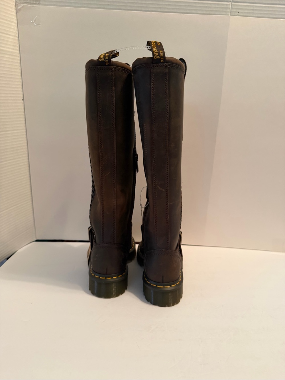 NWT Dr. Martens Anistone Brown Tall Harness Boots with Yellow Stitching - Picture 8 of 11